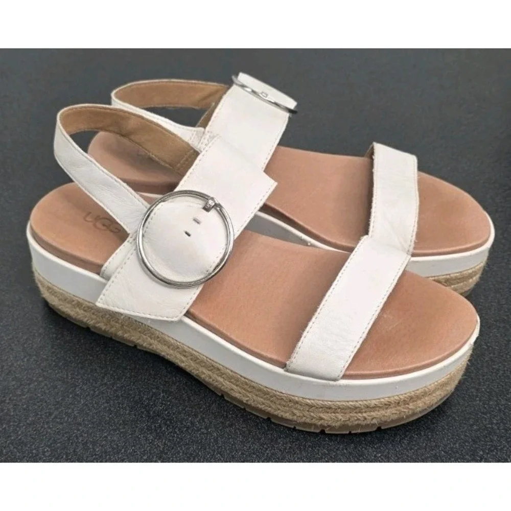 UGG Women 9 White April Espadrille Wedge Platform Buckle Sandals Coastal Cottage